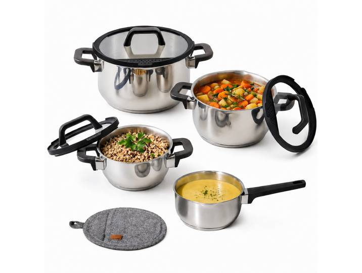 Topf-Set COSY & TRENDY Cosy & Trendy Cascade Kochgeschirr-Set , silber (silberfarben, grau), Töpfe, Topf-Set mit Abgießdeckeln, Löffelhalter und Messskala