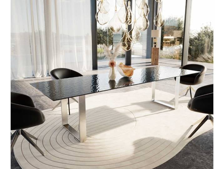 Esstisch Edge 300x100 Reliefglas Rauchschwarz 3D-Design Edelstahl Schmal, Esstische
