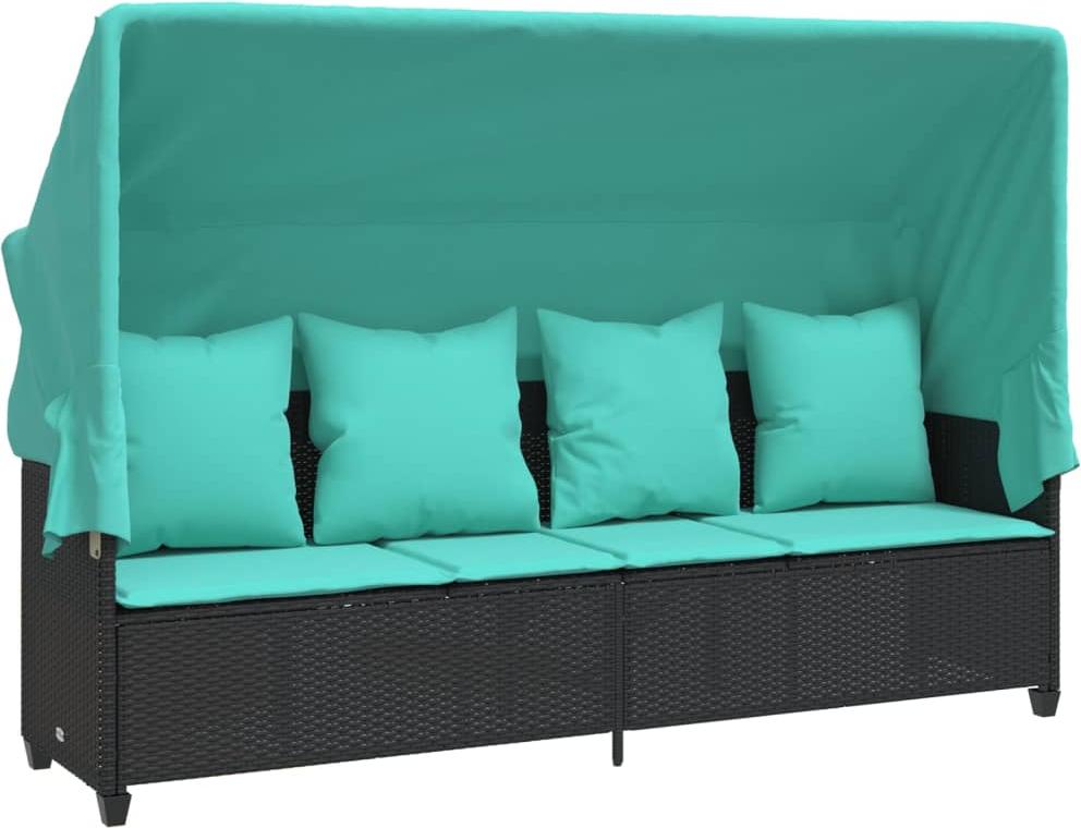 vidaXL Sonnenliege mit Dach und Kissen Schwarz Poly Rattan