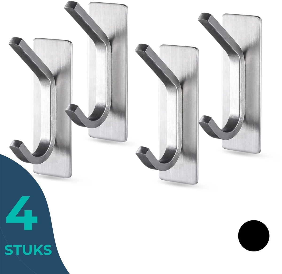 Buddley Set van 4 zelfklevende wandhaakjes in RVS met plakstrips