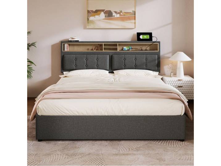 lit double 140 x 200 cm SENVIRO tete de lit reglable rangement gris