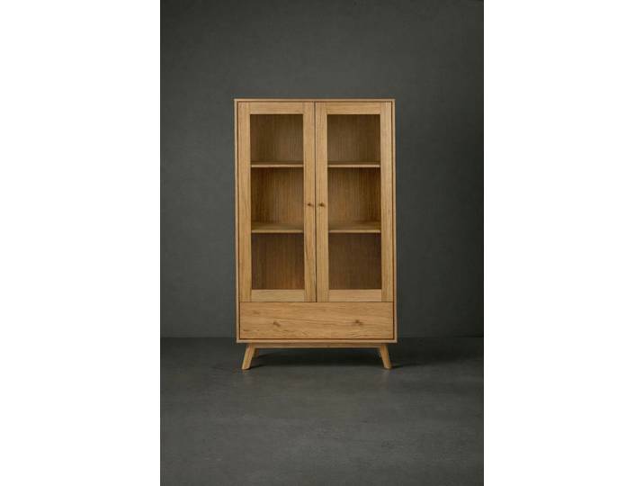 Glasvitrine WOODMAN Kensal , braun (eiche natur), B:100cm H:170cm T:45cm, Furnier, Holzwerkstoff, Massivholz, Schränke, Glasvitrine, im schlichten skandinavischen Design, Holzfurnier aus Eiche, FSC