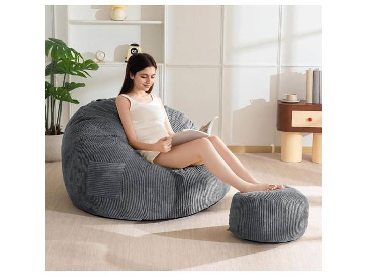 Fauteuil Poire en Corde avec Repose-Pieds pour Adultes et Enfants Canapé-Pouf et Pouf avec Rembourrage en Mousse Fauteuil Gris Foncé