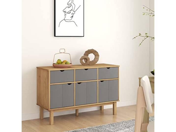 RJPLMFV Anrichte, Braun, Grau, 114 cm, Massivholz, Kiefer 3 Schubladen, 3 Türen, Aufbewahrungsmöbel für Wohnzimmer, skandinavisches Design, Wandbefestigung inklusive