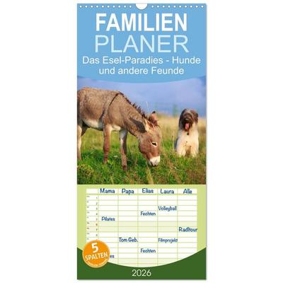 Familienplaner 2026 - Das Esel-Paradies - Hunde und andere Feunde mit 5 Spalten (Wandkalender, 21 x 45 cm) CALVENDO