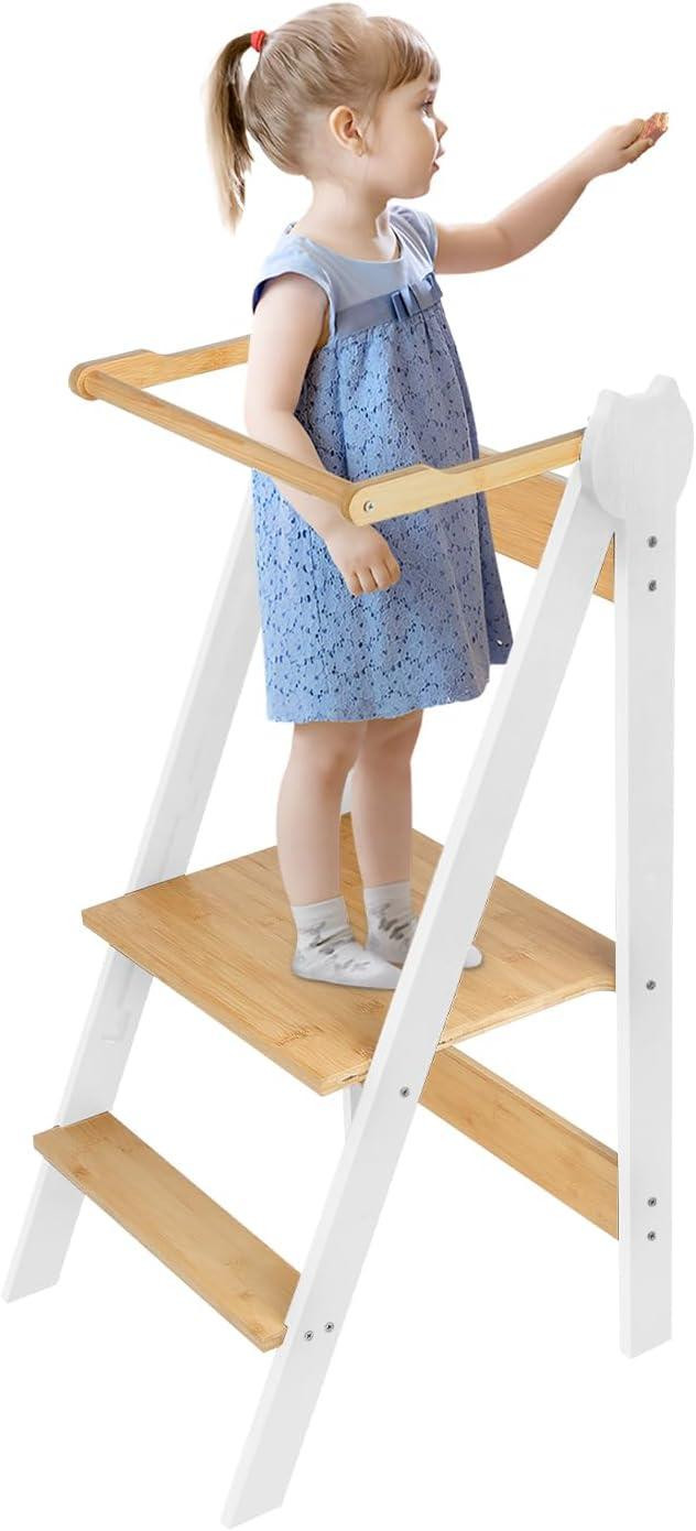 Multifunctionele opvouwbare Montessorische leertoren voor kinderen van natuurlijk berkenhout, wit, B/D/H: 45 x 45 x 88 cm