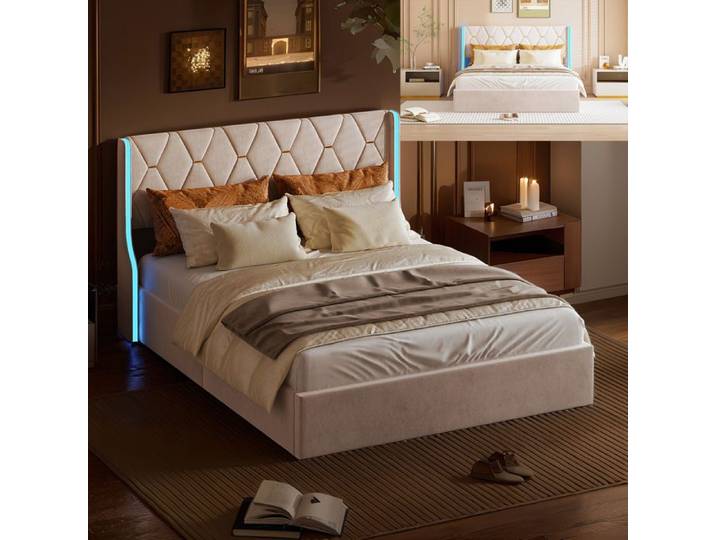 Lit 160x200 cm - LED - tissu en Velours - cadre de lit adulte - lit adulte 160x200 cm - 160x200 cm - beige