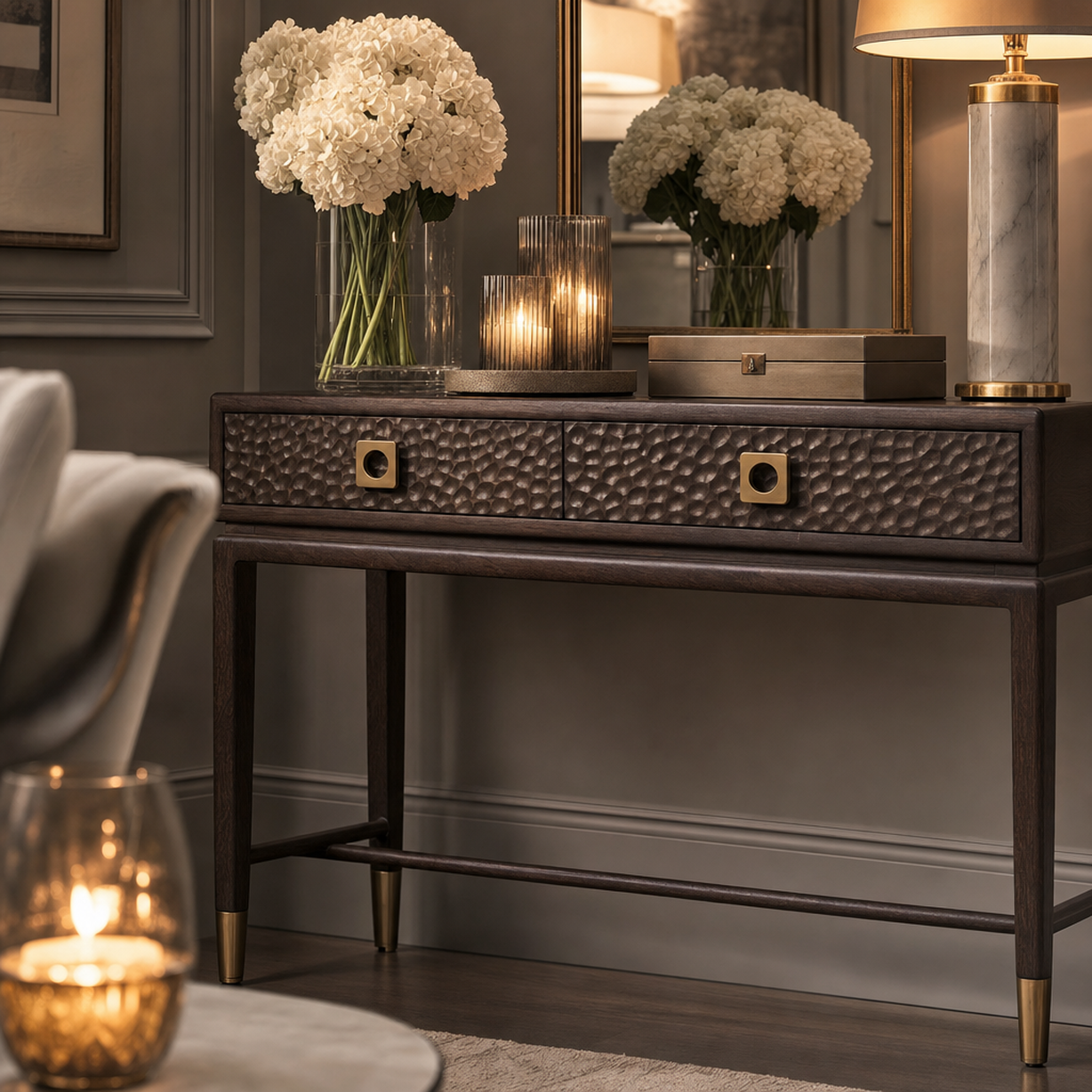 Osmund Dark Hammered Oak Effect  2 Drawer Console Table