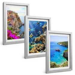 BILDER SET 3er Set - 20x30 cm Silberner Rahmen - Meerblick, farbenfrohe Häuser