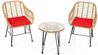 Costway 3 Pieces Rattan Furniture Set with Cushioned Chair Table-Red