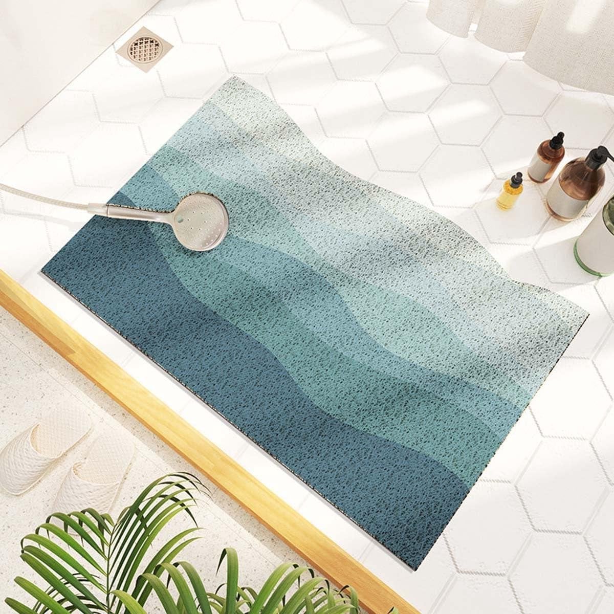 Antislip Douchemat Blauw Bruin - Zachte PVC Badkamer Mat met Afvoer