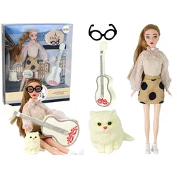 Kinderpuppe Emily mit Gitarrenbrille, Kätzchen mit langen blonden Haaren