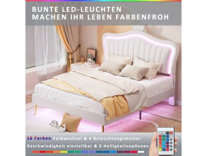 Lit enfant 140x200 cm - Lit double - Cuir PU - Éclairage LED - Sommier inclus
