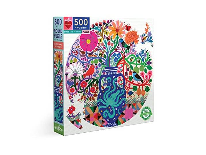 eeBoo: Stuk en liefde vogels en bloemen 500 stukjes ronde puzzel voor volwassenen en gezinnen, glanzend, stevige stukken en minimaal puzzelstof