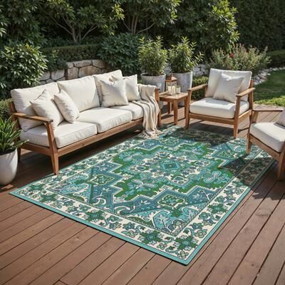 Style Haven Miramar Oriental Medallion Blue/ Green Indoor/Outdoor Area Rug