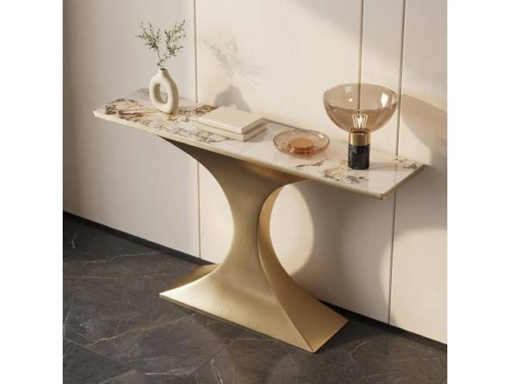 Table Console Entrée en Pierre Frittée avec Structure Métallique Moderne Plateau en Pierre Frittée, Structure Métallique Robuste, Design Moderne, Gain Espace(Gold,39.4in)