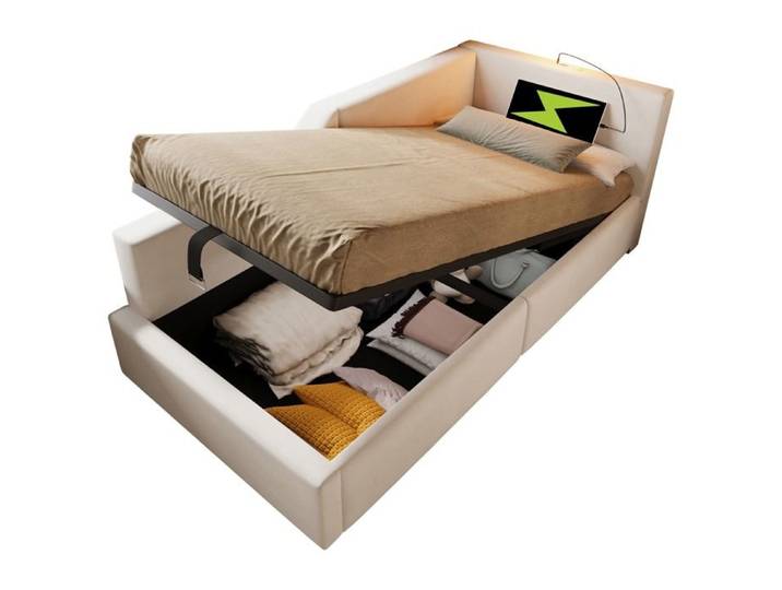 Lit rembourré lit banquette lit banquette 90x200cm Beige Avec ports USB Canapé-lit avec espace hydraulique de rangement