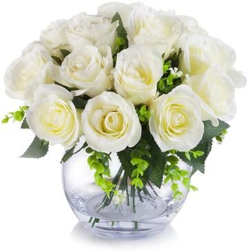 Enova Home Artificial 18 Heads Silk Roses Fake Flowers Arrangement in Clear Glass Vase with Faux Water for Home Office Decor