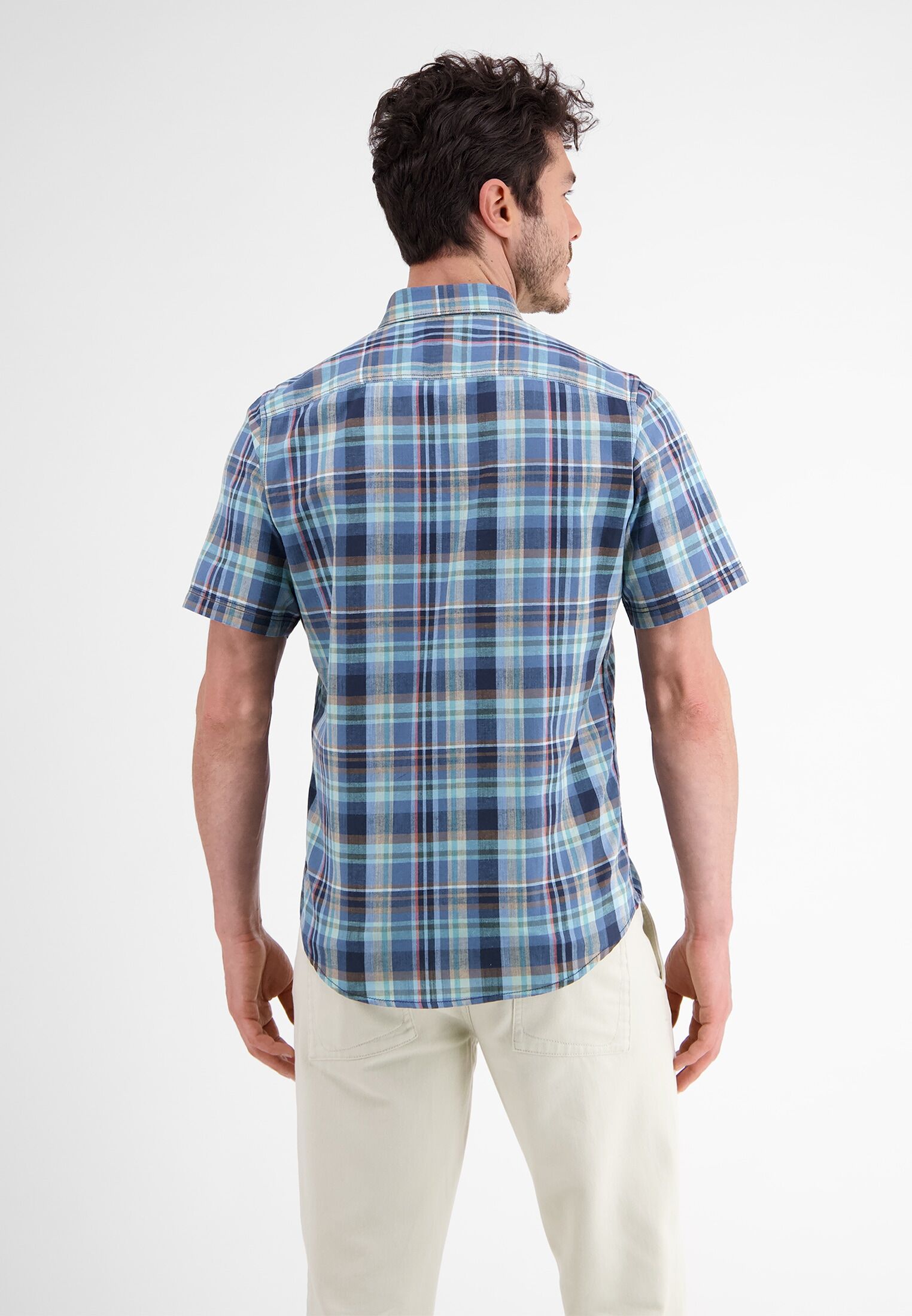 Kurzarmhemd LERROS "Kariertes Halbarmhemd, Baumwoll-Leinen-Mix", Herren, Gr. L, Normalgrössen, blau (classic navy), 71% Baumwolle, 29% Leinen, Hemden Kurzarmhemd classic navy L, Normalgrössen
