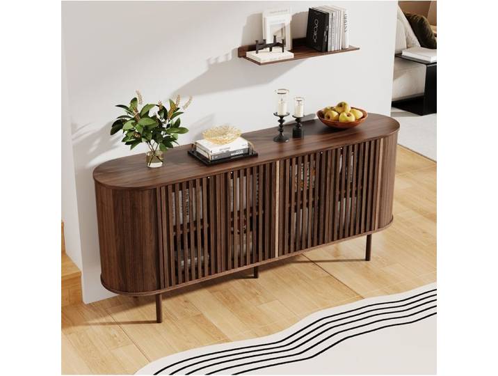WOVREO Buffet bas 160 cm en MDF finition noyer 4 portes perforées étagères réglables et pieds métal