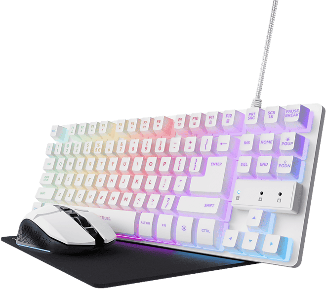 Pack gaming - Trust GXT 794W 3 en 1, USB, LED RGB, 4800 DPI, Ratón + Teclado Alfombrilla, Blanco