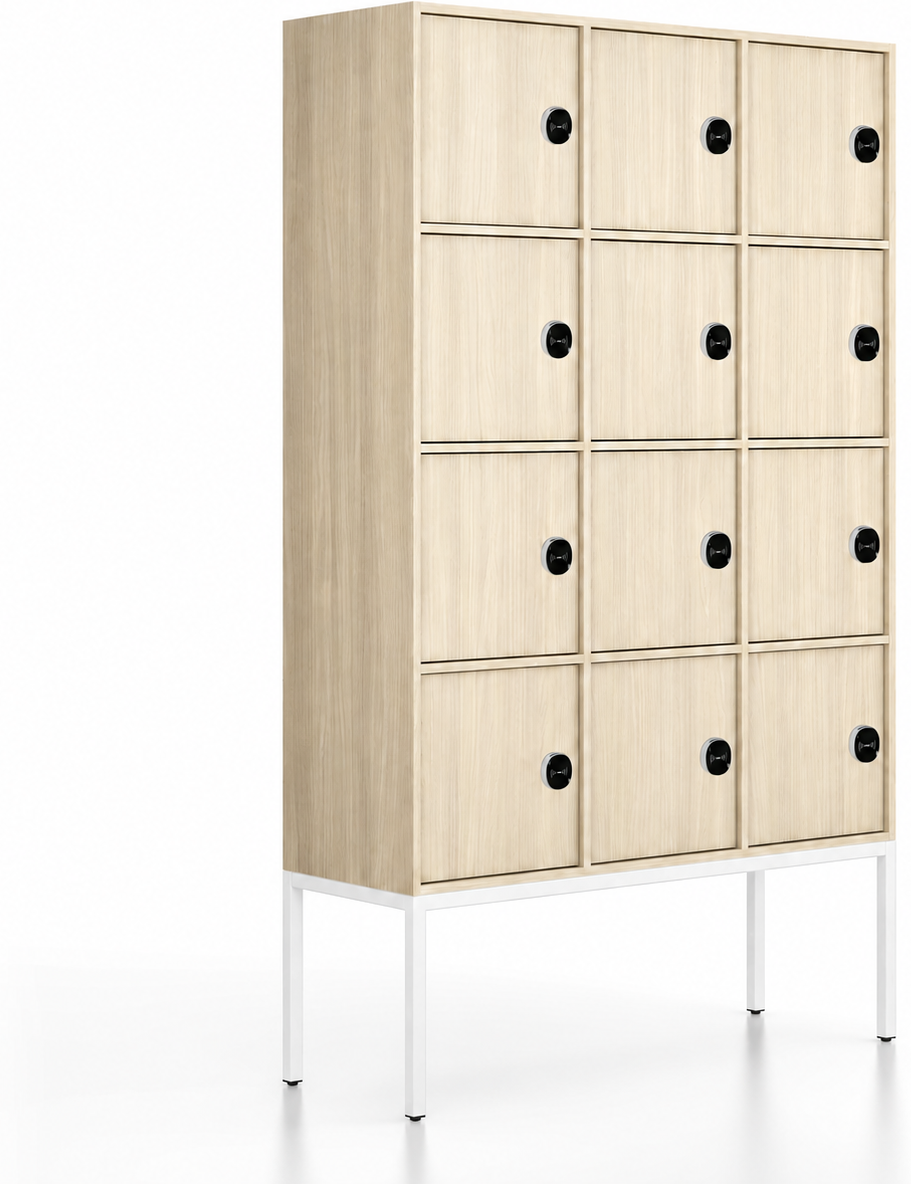 B2B Partner Büroschrank FRAME, weißes Gestell, 12x Türen, 1299 x 450 x 2185 mm, RFID Schloss, Eiche natur