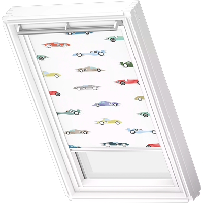 Verdunklungsrollo VELUX "DKL 4654SWL, Motiv: Kids Rennautos", kids rennautos, weiß, F06, stufenlos positionierbar, Polyester, Rollos, Verdunklungsrollo, weiße Führungsschienen & Griffleiste