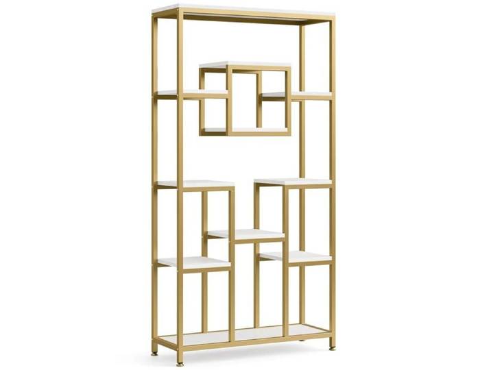 Bibliothèque ouverte – design géométrique – métal et bois or/blanc – 90 x 34 x 182 cm