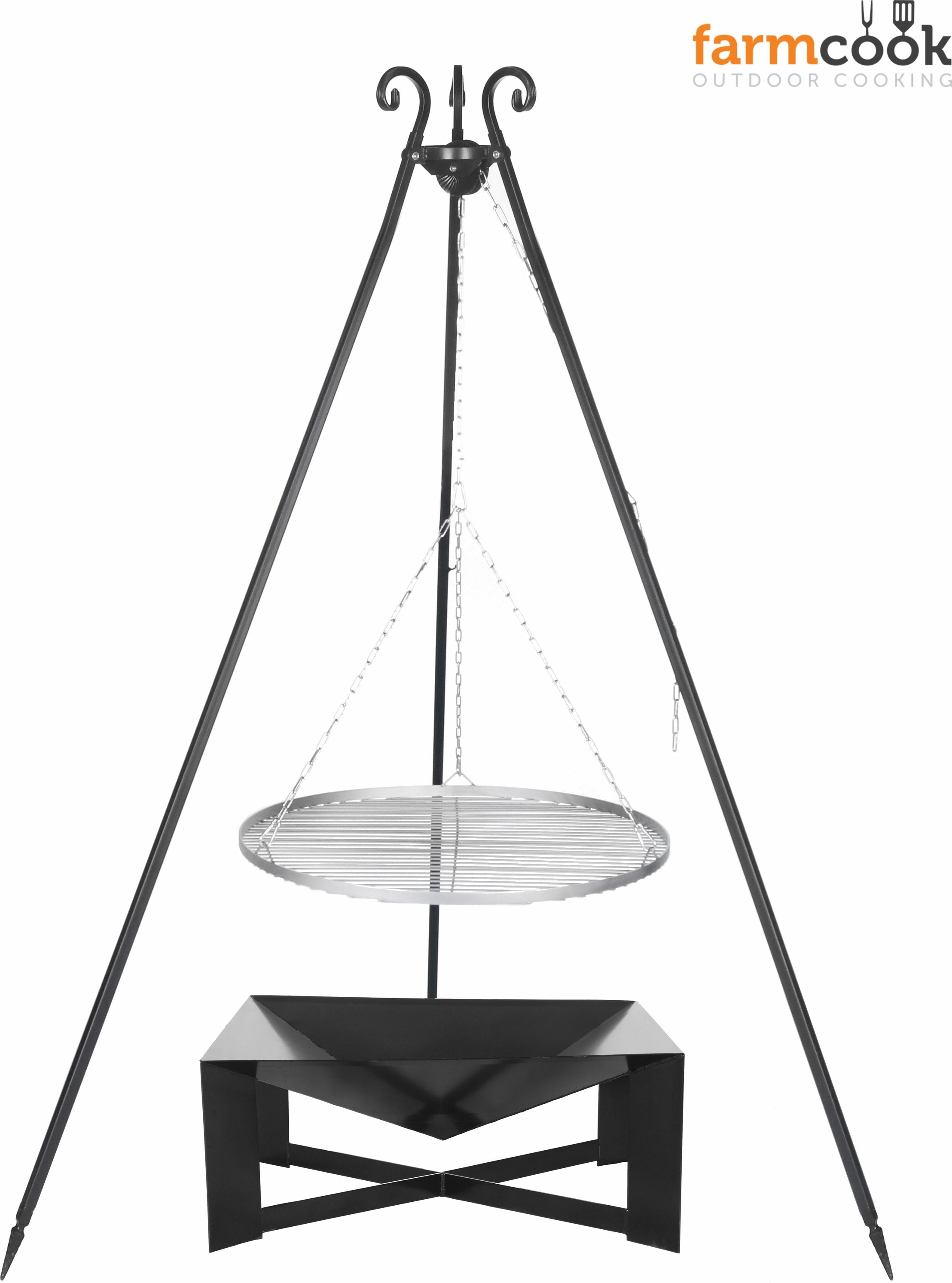 Farmcook E00771 Schwenkgrill mit Dreibein VIKING (Rost aus Edelstahl+Dreibein+Feuerschale Pan 34) ; Rost (Durchmesser): 50cm ; Feuerschale (Durchmesser): 70cm ; Höhe: 180cm