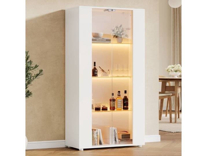 Vitrine en Verre avec éclairage LED Réglable 2 Portes 4 étagères Bibliothèque Vitrine pour Collection Design Moderne Blanc