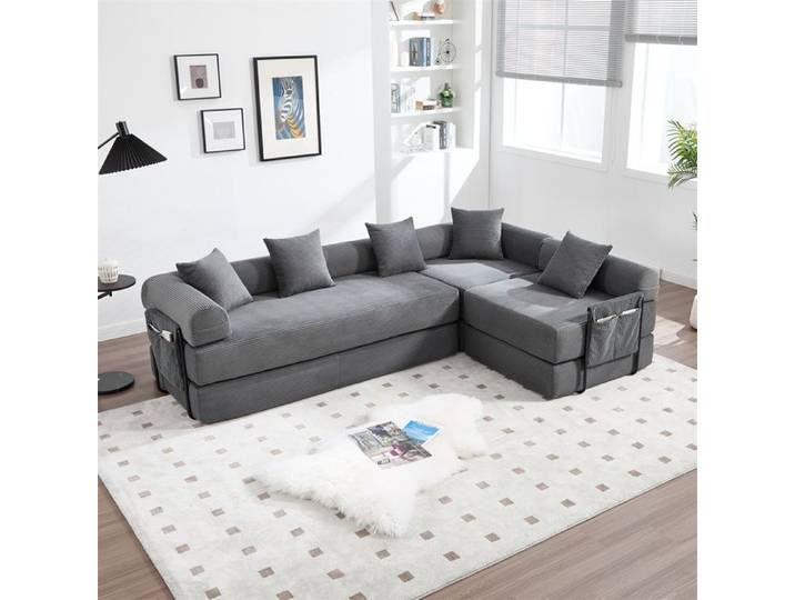 DRIPEX Grand Canapé d'angle 4 places Modulable en velours côtelé Canapé compressé Familial Combinaisons libres 270x180x64cm Gris