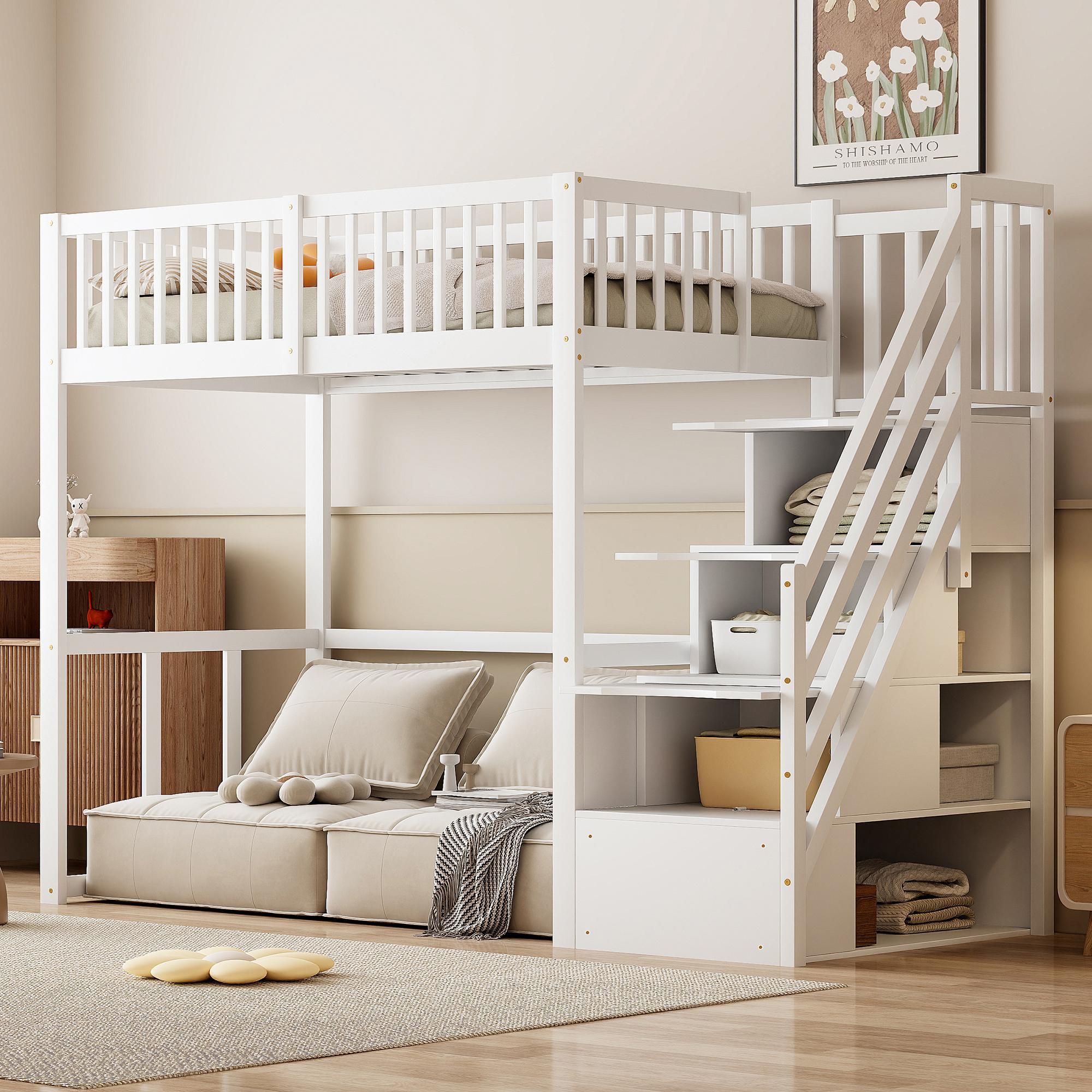 Merax Etagenbett Hochbett 90x200 mit Schreibtisch, Kinderbett mit Treppe mit Stauraum, Spielbett aus Kiefernholz, platzsparend, multifunktional, Weiß