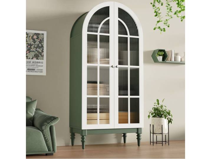 MEUBLIV Vitrine arquée 165 cm avec 2 portes en verre rainuré 3 étagères MDF vert foncé et blanc