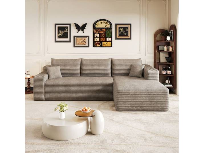 WOVREO Canape d angle modulable 3 places 241 cm avec meridienne reversible en velours cotele camel
