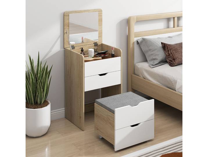 HOMCOM Coiffeuse 3 en 1 Chêne/Blanc avec Miroir et Tabouret