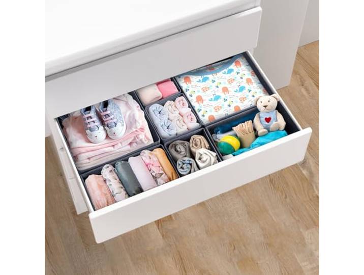 ORLISA Organisateur Tiroir 7 Pièces – Compatible Commode Malm\, Boîtes de Rangement Pliables en Tissu\, Séparateurs pour Vêtements\, Sous-vêtements\, Chaussettes et Bébé – Gris