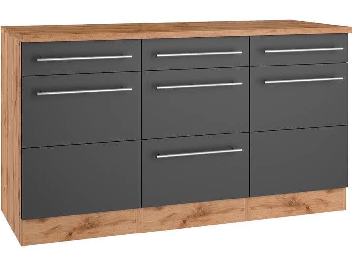 Unterschrank KOCHSTATION KS-Wien , grau (anthrazit, wotaneiche), B:150cm H:85cm T:60cm, Schränke, Unterschrank, edel aussehende gestiftete Fronten