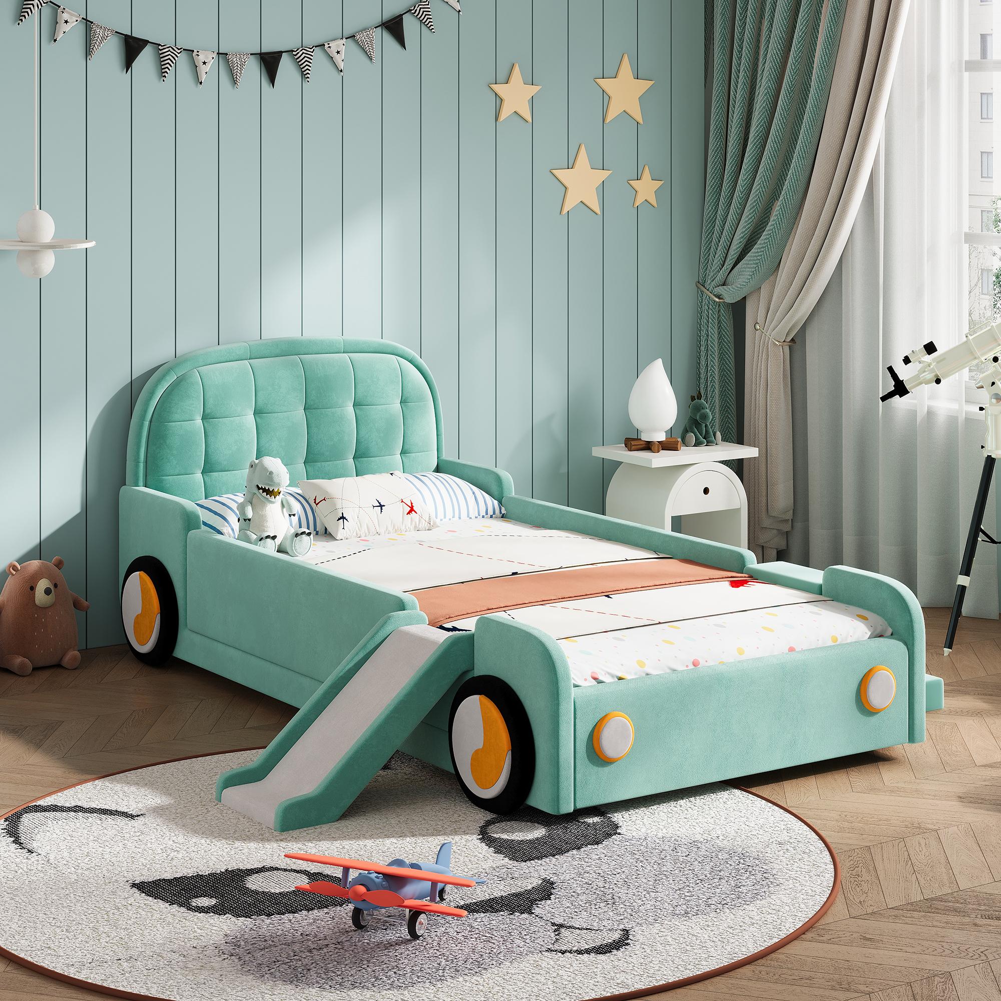 Kinderbett 90x200 cm, Autobett mit Rutsche und Treppe, links/rechts montierbar, Polsterbett, Fallschutz (Blue-Green)