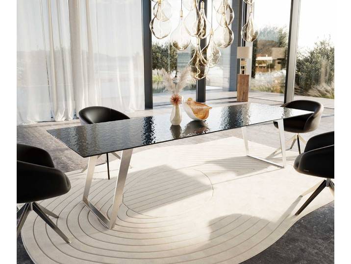 DELIFE Esstisch Edge 300x100 Reliefglas Rauchschwarz 3D-Design Edelstahl Schräg, Esstische