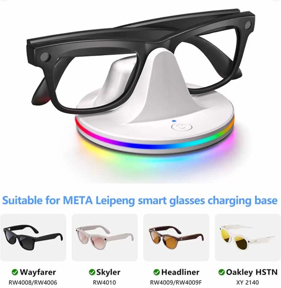 INF Support de charge pour lunettes compatible avec Meta et Ray-Ban – Station de charge RGB pour Wayfarer, kyer, Headiner, Blanc