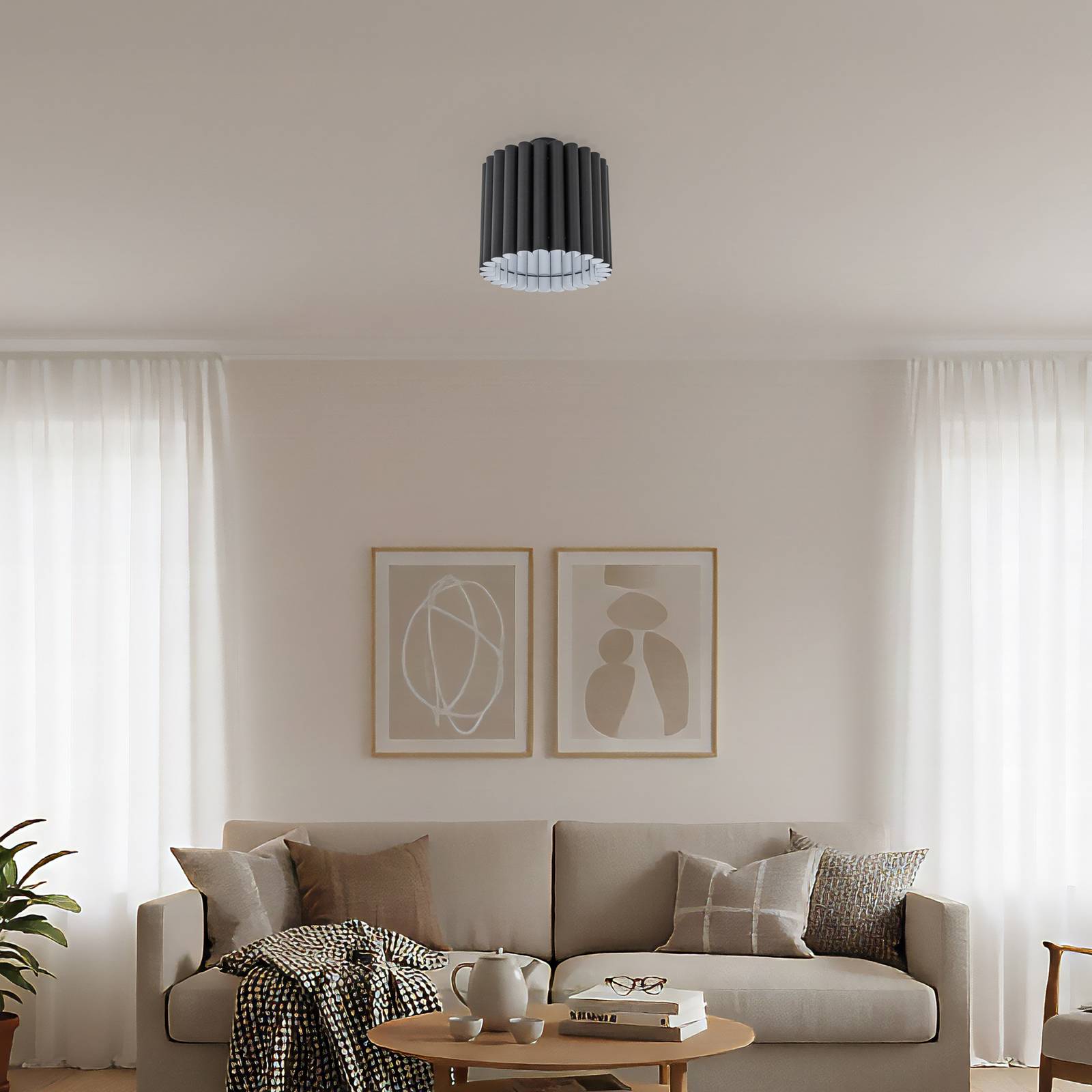 Deckenlampe Aria Duolla, dimmbar, schwarz, für Wohn- / Esszimmer, Textil / Stoff / Seide, Deckenlampe