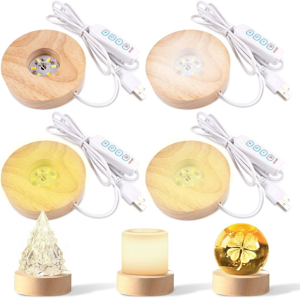 Set van 4 houten LED voetstukken met rond design voor decoratieve verlichting