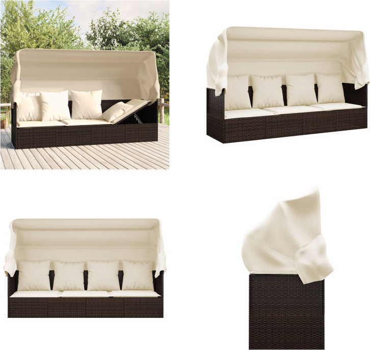 vidaXL Outdoor Loungebett mit Dach und Kissen Braun Poly Rattan - Outdoor Loungebett - Outdoor Loungebetten - Gartenmöbel - Terrassenmöbel