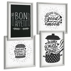 BILDER SET 4er Set - 50x50 cm & 40x60 cm Silberner Rahmen - Grafiken, Lebensmittel, kulinarische Slogans