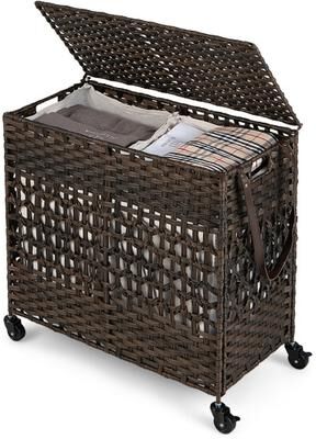 Costway 110L 2-Section Laundry Hamper with 2 Removable and Washable Liner Bags-Brown
