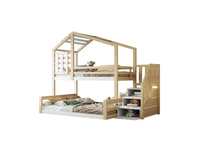 HAUSS SPOLE Etagenbett 90/140x200 cm mit Geländer, Stufentreppe zur Aufbewahrung, Natur (Etagenbett aus Kiefernholz mit Fenster und Geländer, inkl. Stauraum-Treppe, 90x200cm & 140x200cm), ohne Matratze