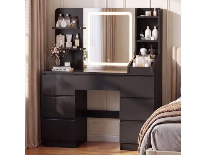JUMMICO Schminktisch mit LED-Spiegel & Helligkeitsregelung, Großer Make-up-Tisch mit 4 offenen Fächern & 7 Schubladen, Modernes Möbelstück mit viel Stauraum (schwarz, Holz)