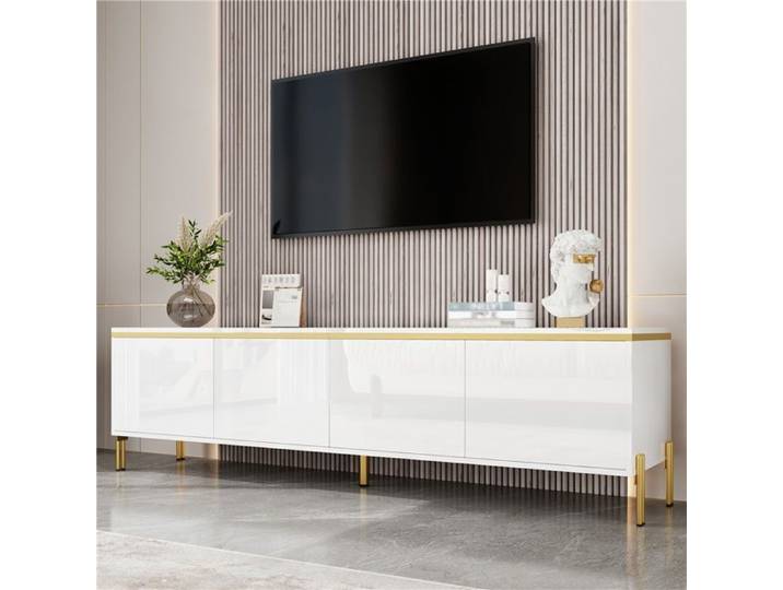 Meuble télévision haut de gamme brillant avec 4 portes espaces de rangement et finition or
