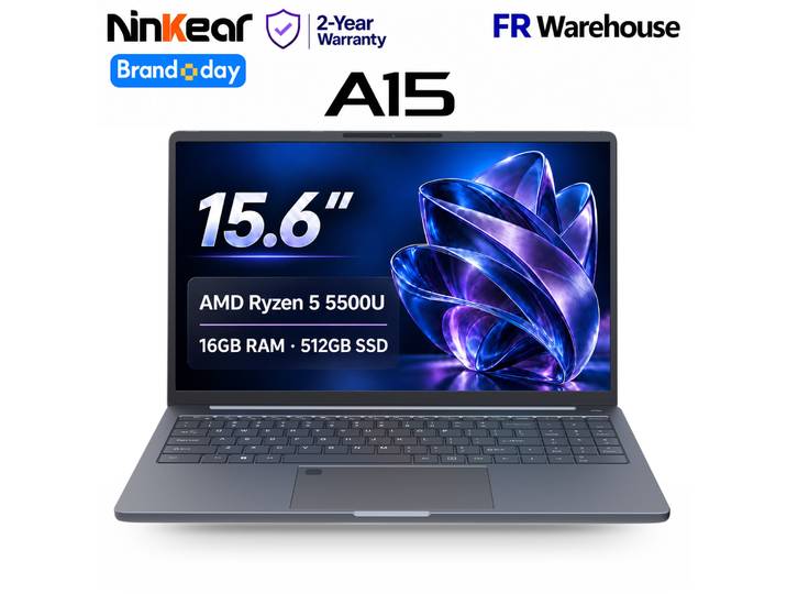 Ninkear A15 Ordinateur Portable 15.6 Pouces Écran FHD IPS AMD Ryzen 5 5500U 16Go RAM 512Go SSD Windows 11 WiFi 6 empreinte digitale clavier rétroéclairé pour bureau études multitâche