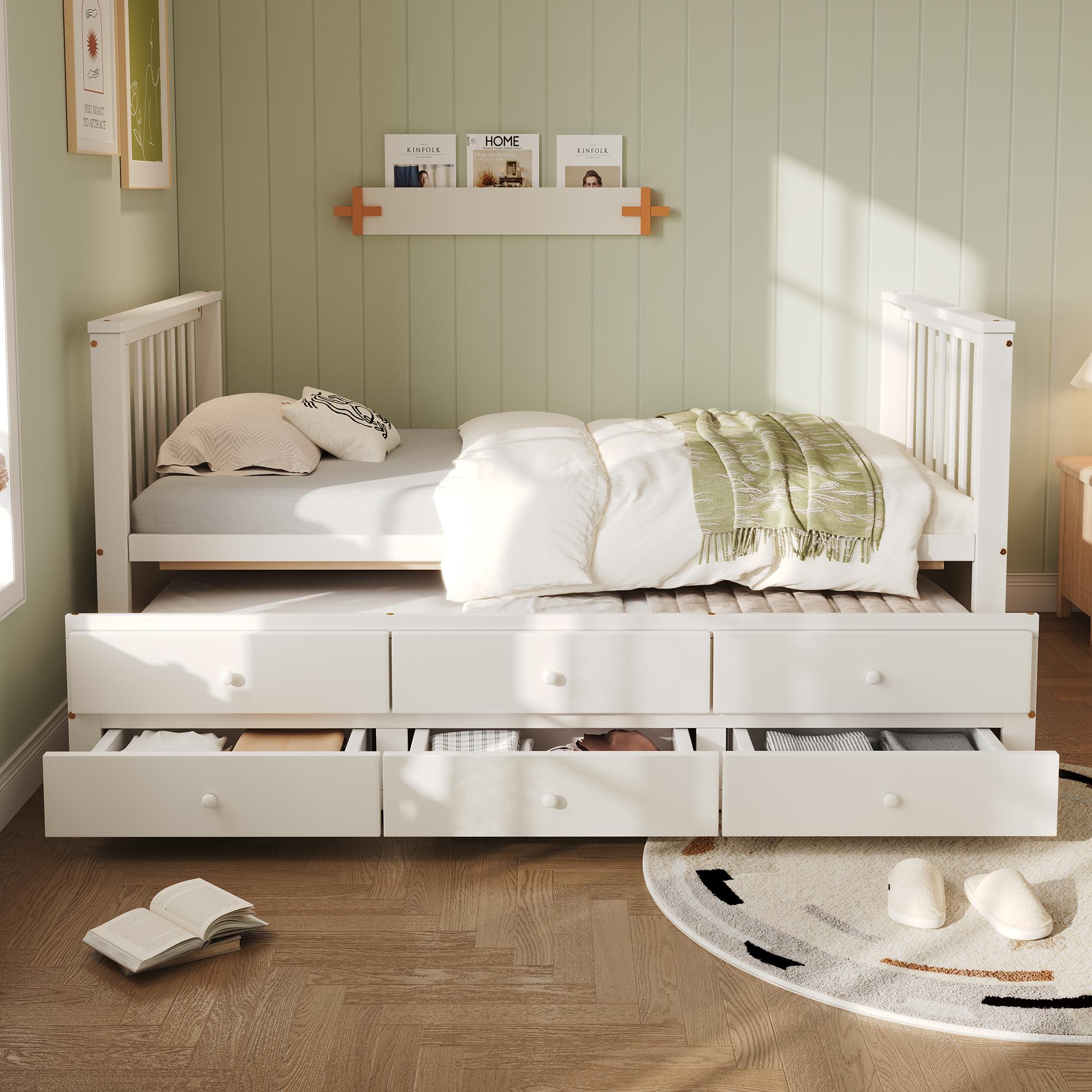 okwish Kinderbett 90x200 cm, klassisches Tagesbett, Massivholzbett mit Ausziehbett, 3 Schubladen zur Aufbewahrung, weiß